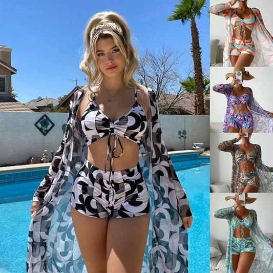 3pcs Bikini With Long Sleeve Cardigan Fashion Summer Beach Swimsuit.