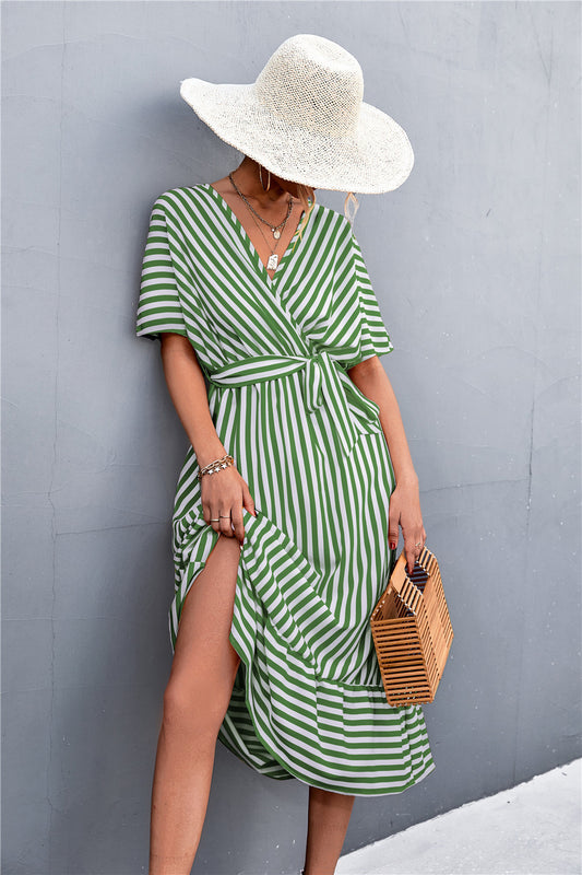 Spring And Summer New Classic Hot Selling Product Cross V-neck Lace-up Striped Dress
