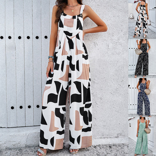 Fashion Print Square Neck Jumpsuit With Pockets.