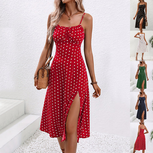 New Polka Dot Print Suspender Dress Summer Sexy Slit Long Dresses.