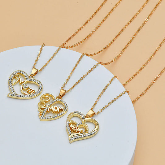 Mother's Day Mom Heart Shape With Diamond Letter Necklace For Women.
