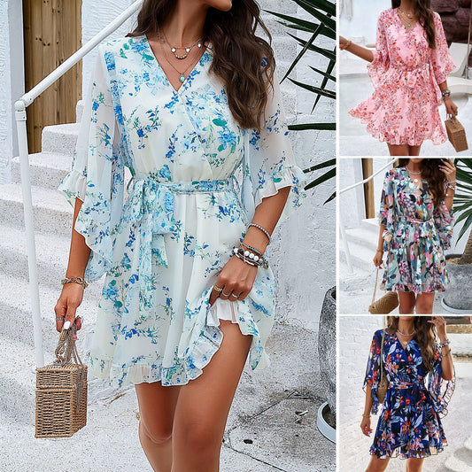 Summer Floral Print Design Fashion V-neck Short Dresses